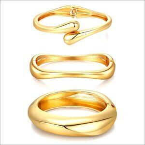 Chunky 14K Gold Plated Bangle Bracelets Stack, 3-Piece Set